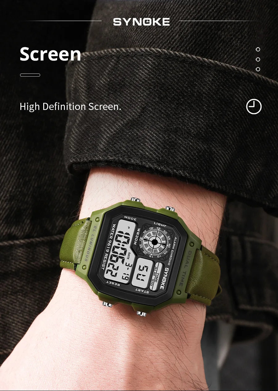 Montre SYNOKE Homme — Waterproof, LED & Cuir Vintage, Outdoor