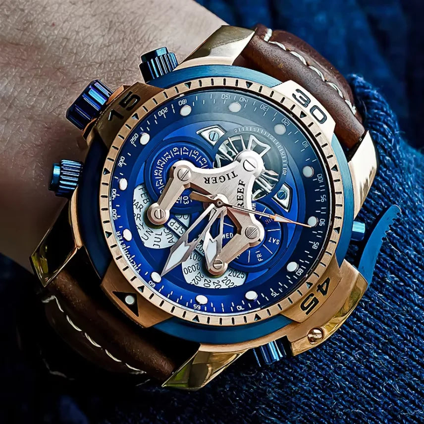 Montre Automatique Reef Tiger/RT Homme — Luxe Militaire Bleue Acier Waterproof
