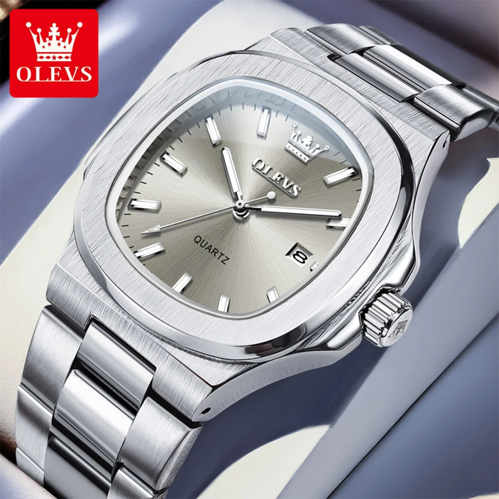 Montre OLEVS 3696 Homme — Carrée Luxe, Quartz & Acier Inoxydable Waterproof