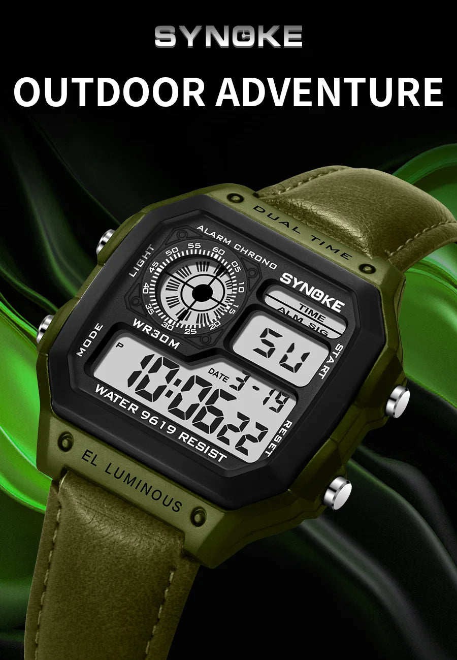 Montre SYNOKE Homme — Waterproof, LED & Cuir Vintage, Outdoor