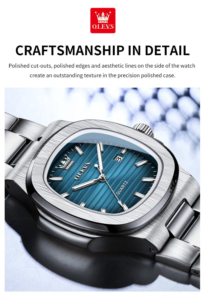 Montre OLEVS 3696 Homme — Carrée Luxe, Quartz & Acier Inoxydable Waterproof