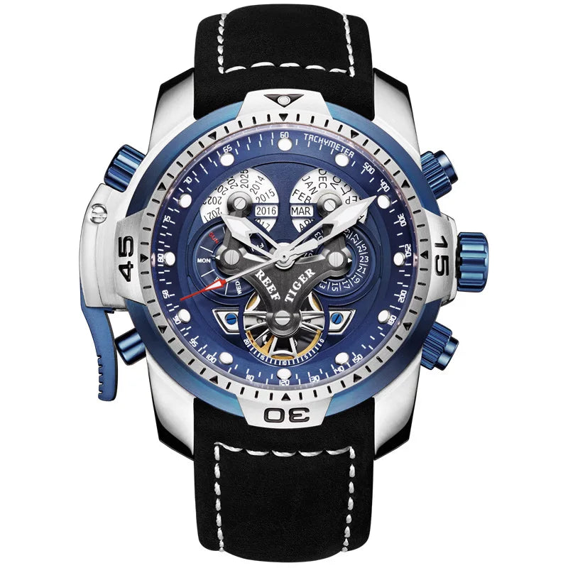 Montre Automatique Reef Tiger/RT Homme — Luxe Militaire Bleue Acier Waterproof