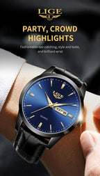 Montre Homme LIGE Or & Noir — Cuir Lumineux, Étanche & Calendrier Complet