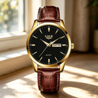 Montre Homme LIGE Or & Noir — Cuir Lumineux, Étanche & Calendrier Complet