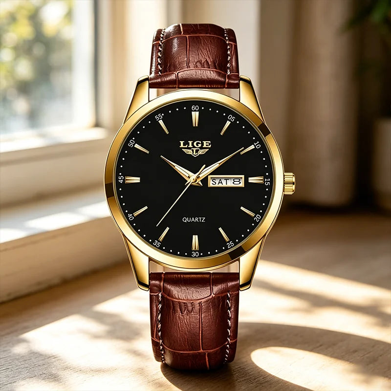 Montre Homme LIGE Or & Noir — Cuir Lumineux, Étanche & Calendrier Complet