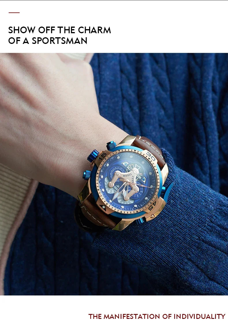 Montre Automatique Reef Tiger/RT Homme — Luxe Militaire Bleue Acier Waterproof