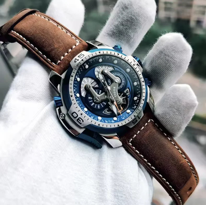 Montre Automatique Reef Tiger/RT Homme — Luxe Militaire Bleue Acier Waterproof