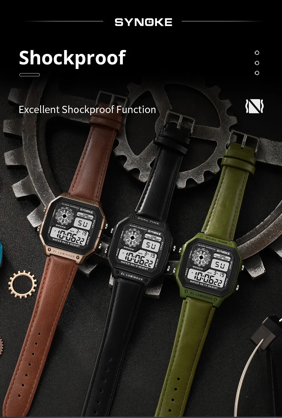 Montre SYNOKE Homme — Waterproof, LED & Cuir Vintage, Outdoor