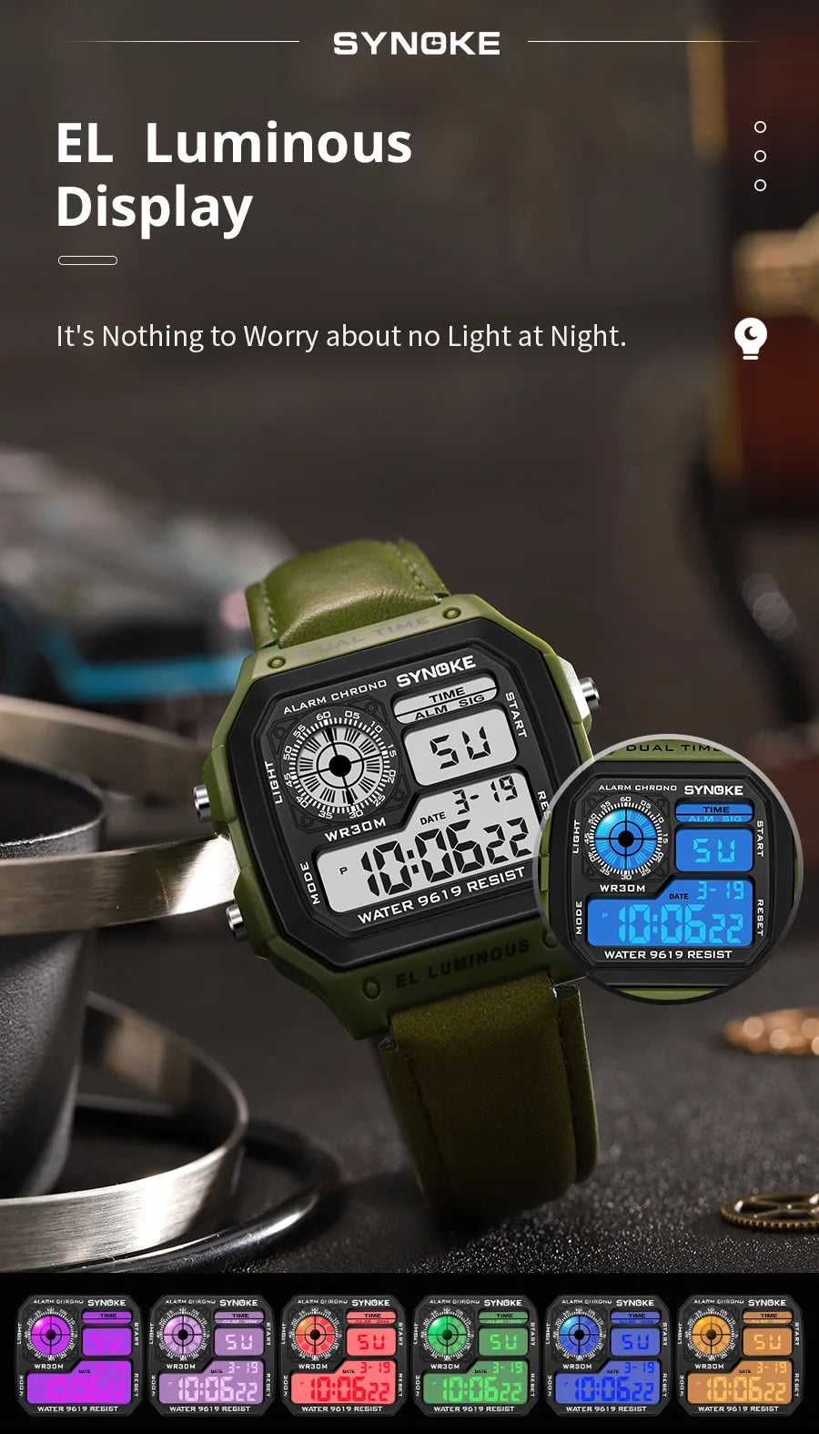Montre SYNOKE Homme — Waterproof, LED & Cuir Vintage, Outdoor