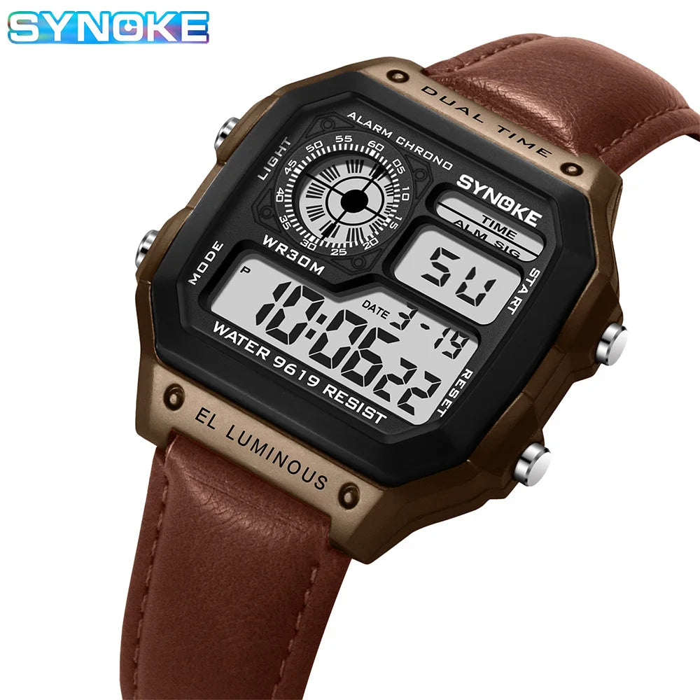 Montre SYNOKE Homme — Waterproof, LED & Cuir Vintage, Outdoor