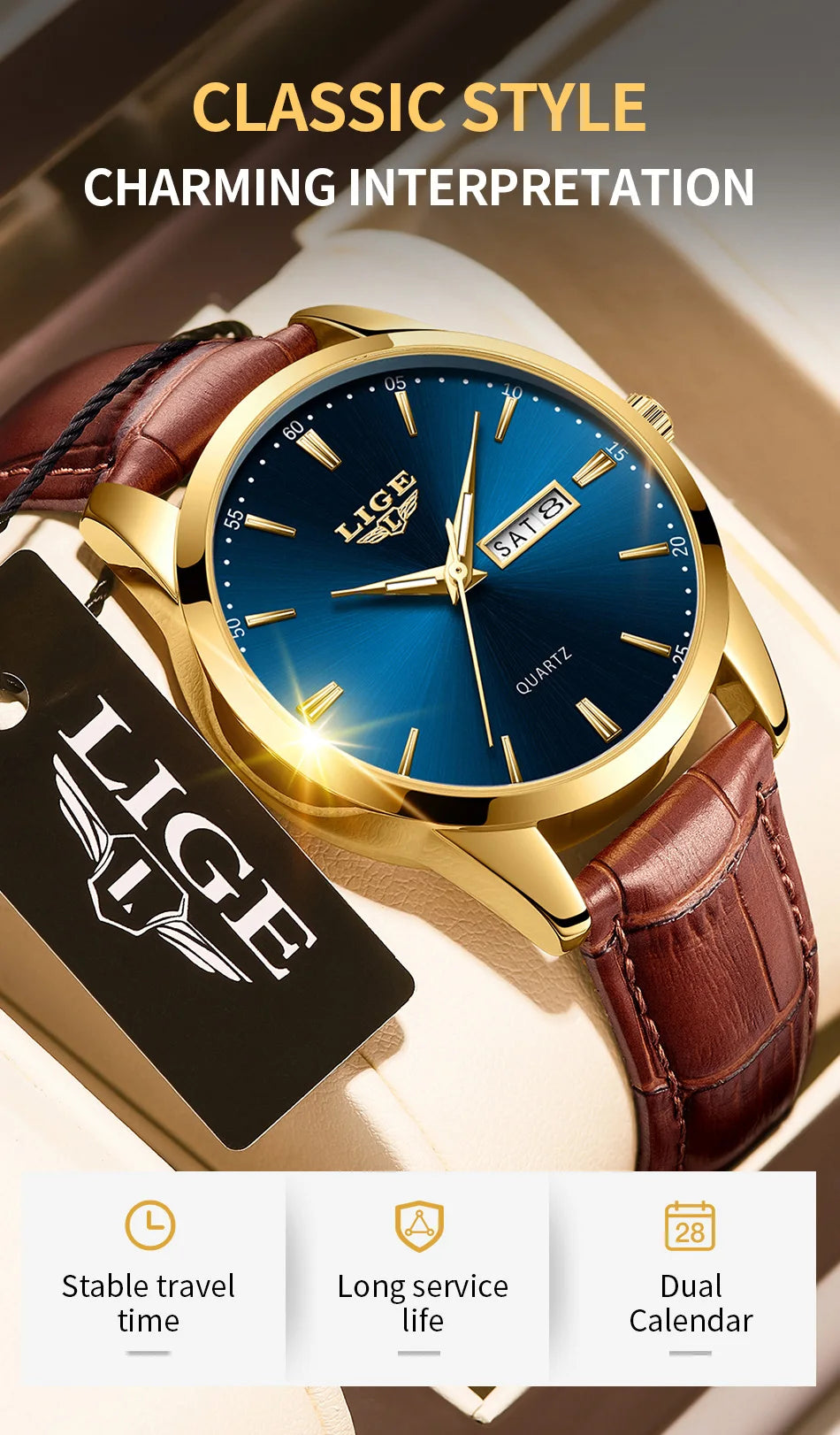 Montre Homme LIGE Or & Noir — Cuir Lumineux, Étanche & Calendrier Complet