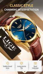 Montre Homme LIGE Or & Noir — Cuir Lumineux, Étanche & Calendrier Complet
