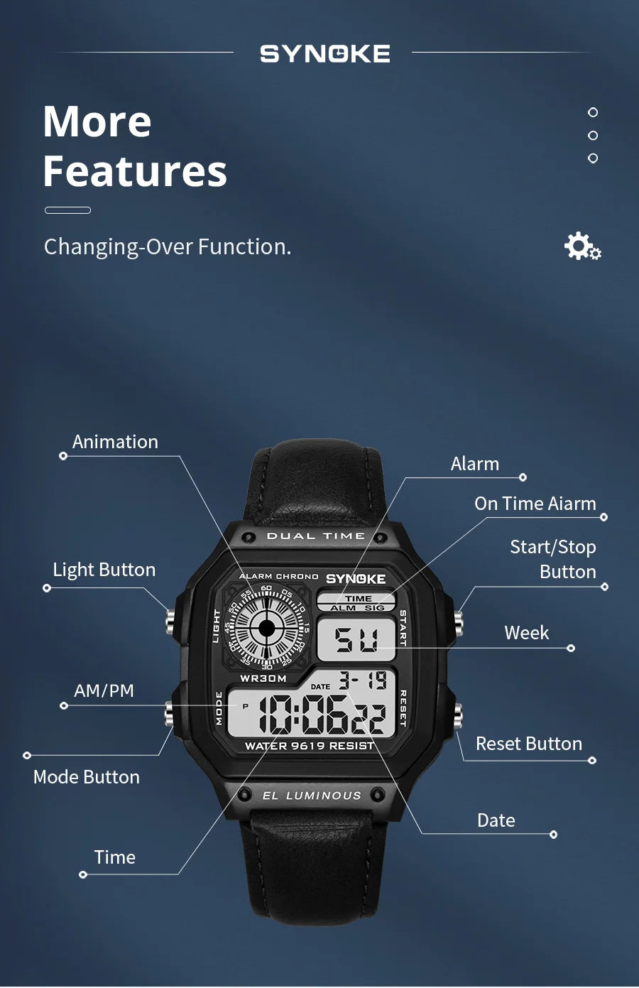Montre SYNOKE Homme — Waterproof, LED & Cuir Vintage, Outdoor