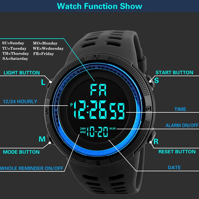 Montre Militaire Homme — LED Lumineuse & Multifonction, Sport
