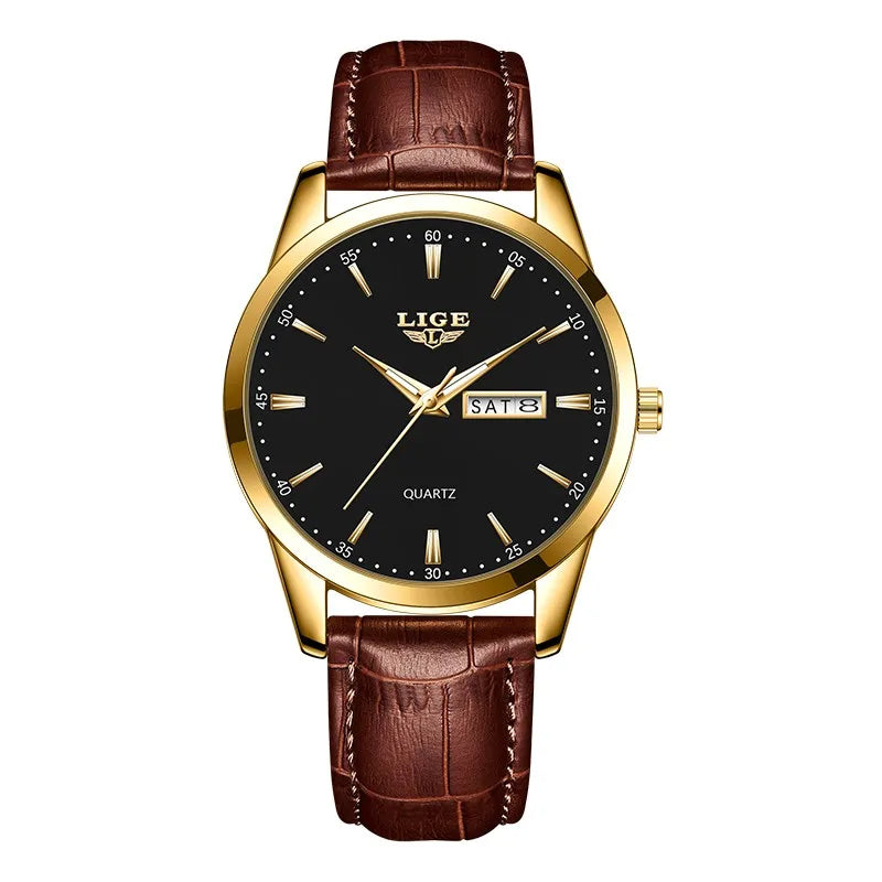 Montre Homme LIGE Or & Noir — Cuir Lumineux, Étanche & Calendrier Complet