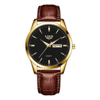 Montre Homme LIGE Or & Noir — Cuir Lumineux, Étanche & Calendrier Complet