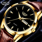 Montre Homme LIGE Or & Noir — Cuir Lumineux, Étanche & Calendrier Complet
