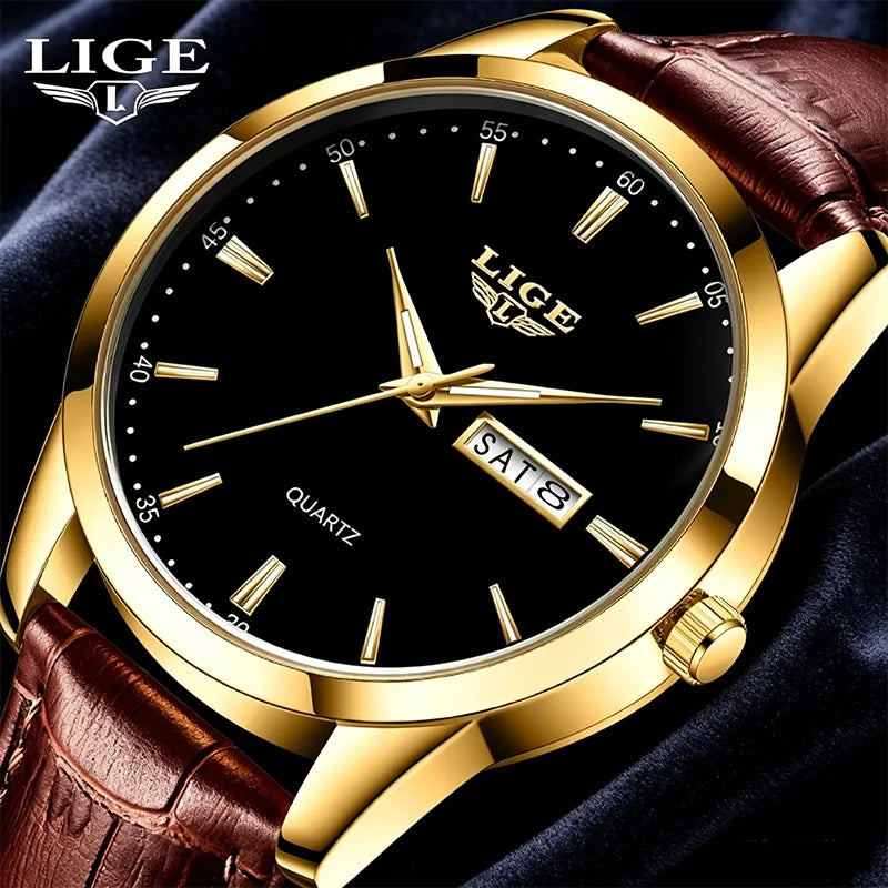 Montre Homme LIGE Or & Noir — Cuir Lumineux, Étanche & Calendrier Complet