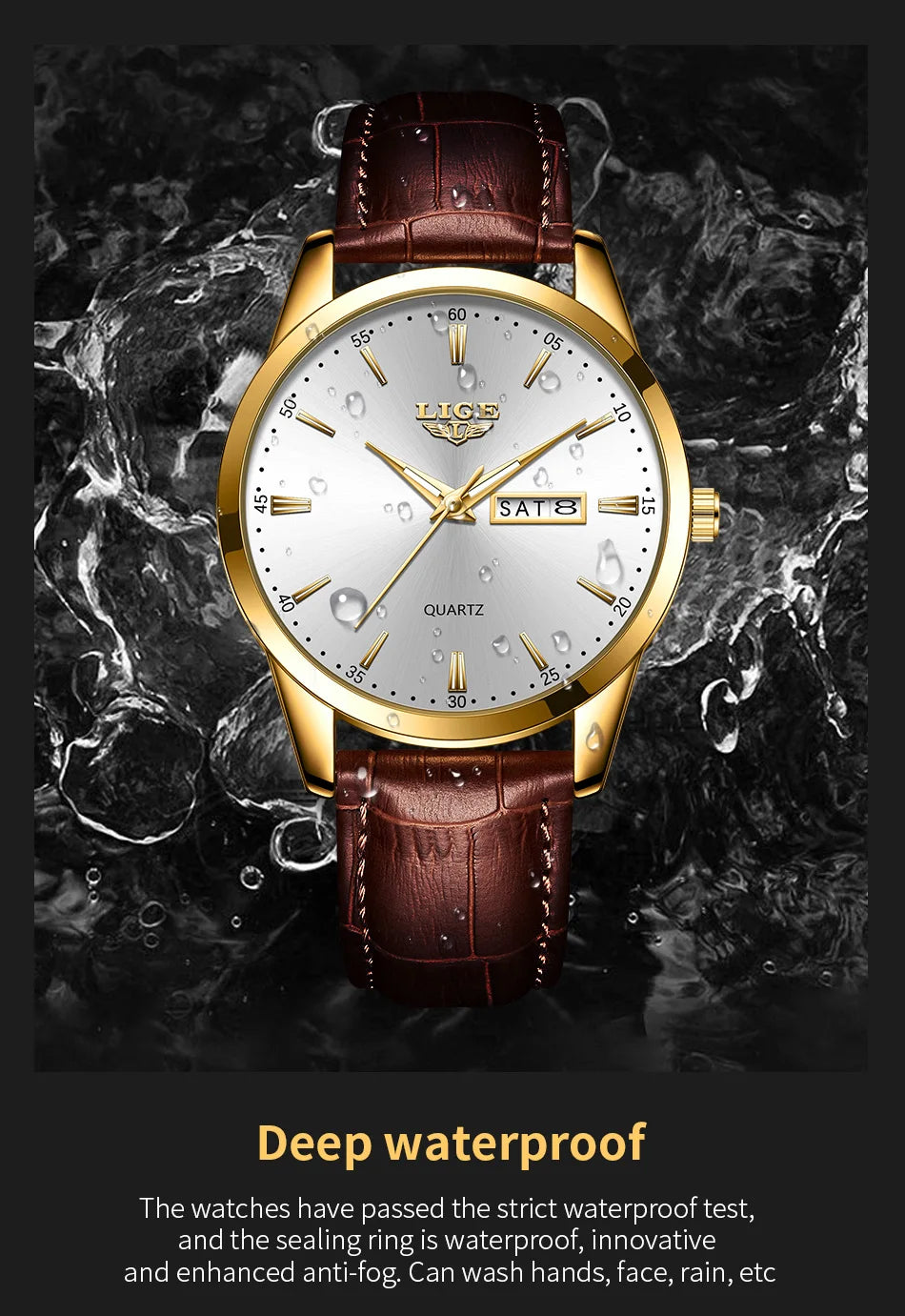 Montre Homme LIGE Or & Noir — Cuir Lumineux, Étanche & Calendrier Complet