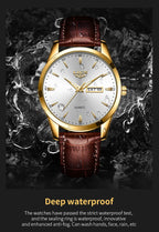 Montre Homme LIGE Or & Noir — Cuir Lumineux, Étanche & Calendrier Complet
