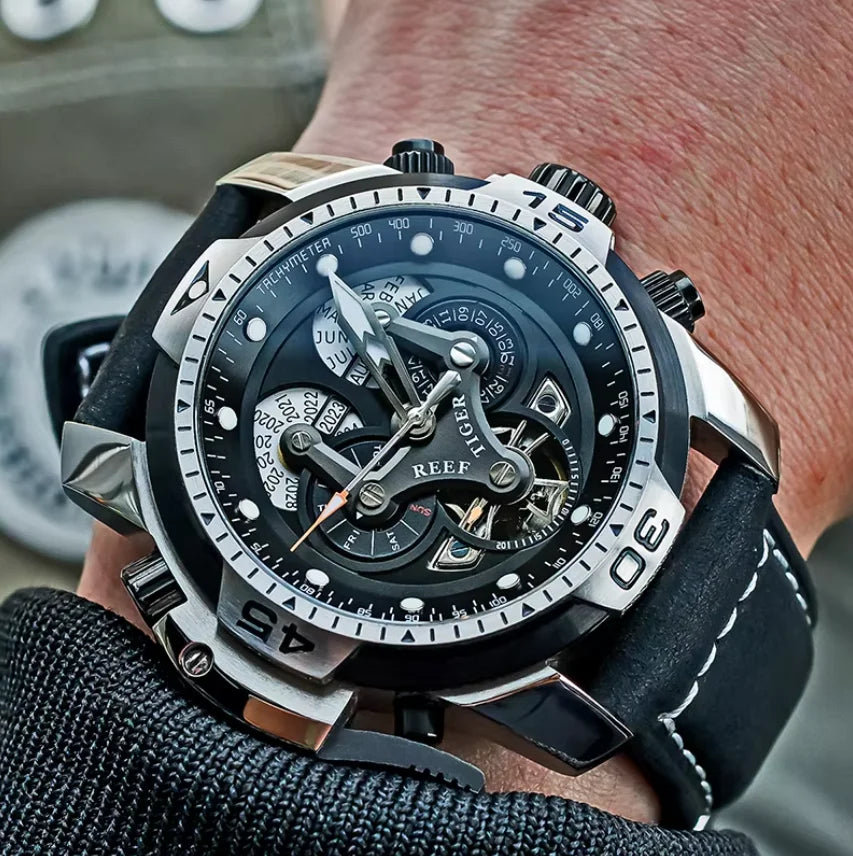 Montre Automatique Reef Tiger/RT Homme — Luxe Militaire Bleue Acier Waterproof