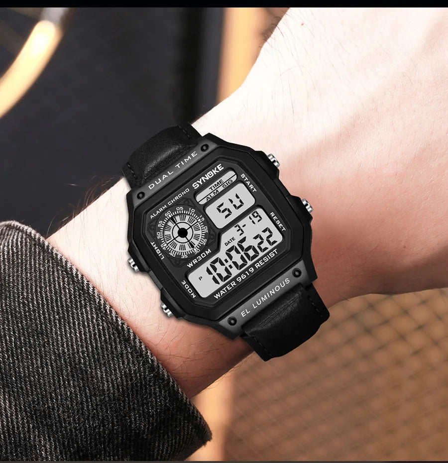 Montre SYNOKE Homme — Waterproof, LED & Cuir Vintage, Outdoor