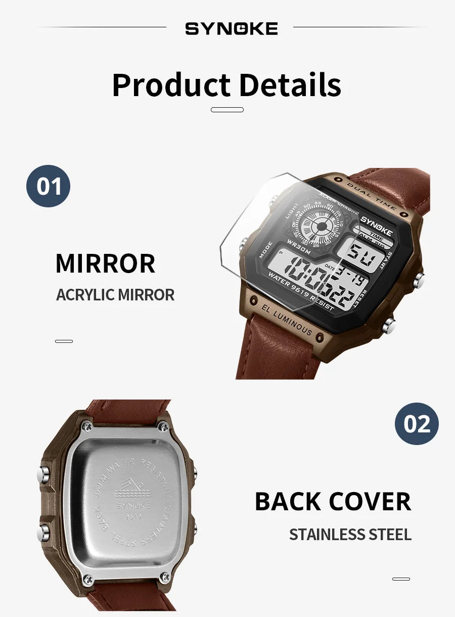 Montre SYNOKE Homme — Waterproof, LED & Cuir Vintage, Outdoor