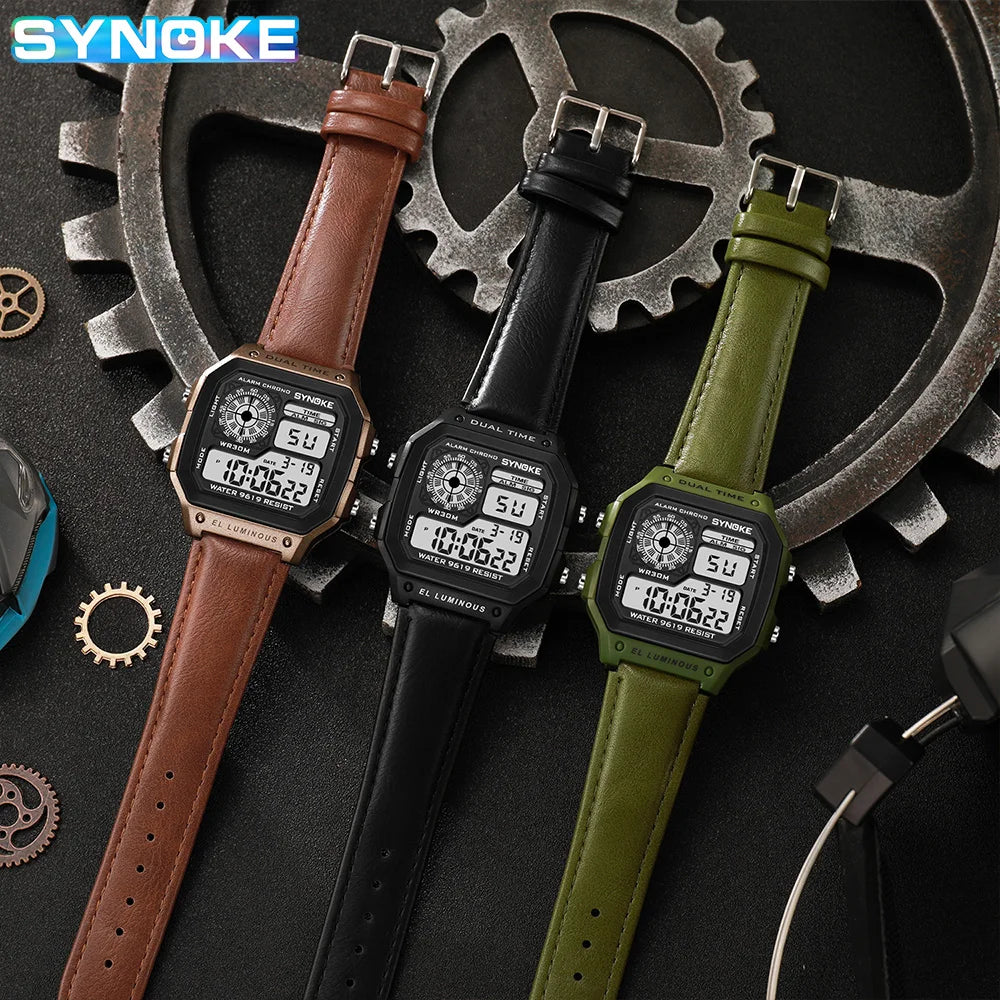 Montre SYNOKE Homme — Waterproof, LED & Cuir Vintage, Outdoor