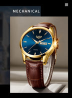 Montre Homme LIGE Or & Noir — Cuir Lumineux, Étanche & Calendrier Complet