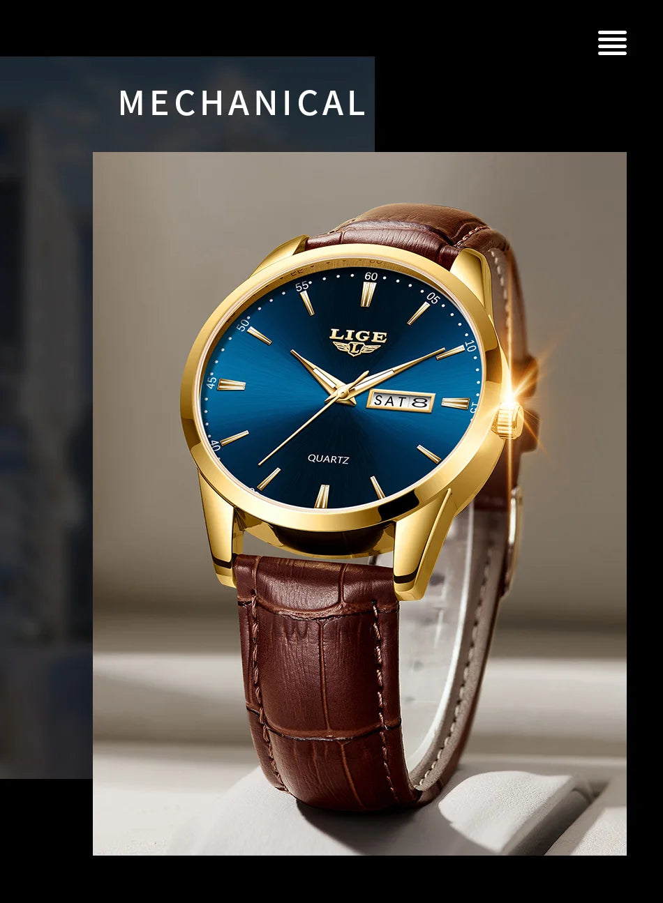 Montre Homme LIGE Or & Noir — Cuir Lumineux, Étanche & Calendrier Complet
