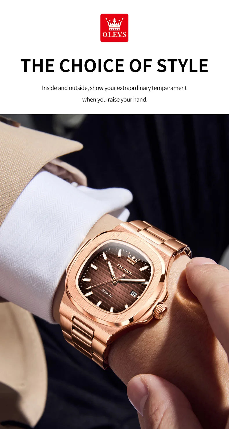 Montre OLEVS 3696 Homme — Carrée Luxe, Quartz & Acier Inoxydable Waterproof