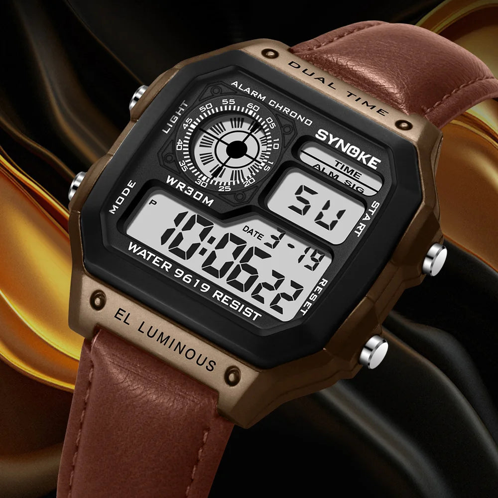Montre SYNOKE Homme — Waterproof, LED & Cuir Vintage, Outdoor