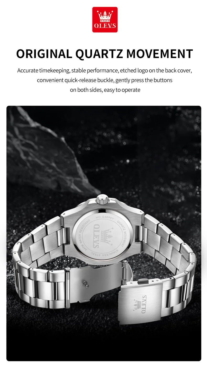 Montre OLEVS 3696 Homme — Carrée Luxe, Quartz & Acier Inoxydable Waterproof