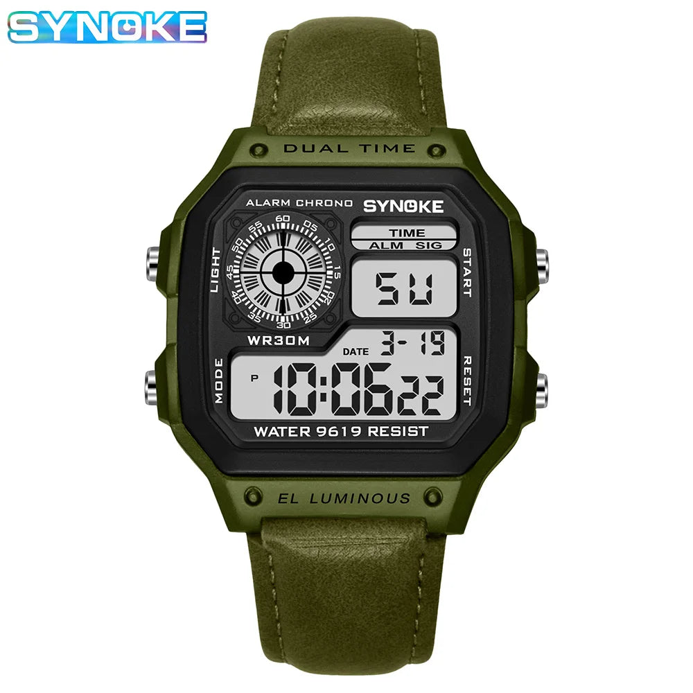Montre SYNOKE Homme — Waterproof, LED & Cuir Vintage, Outdoor