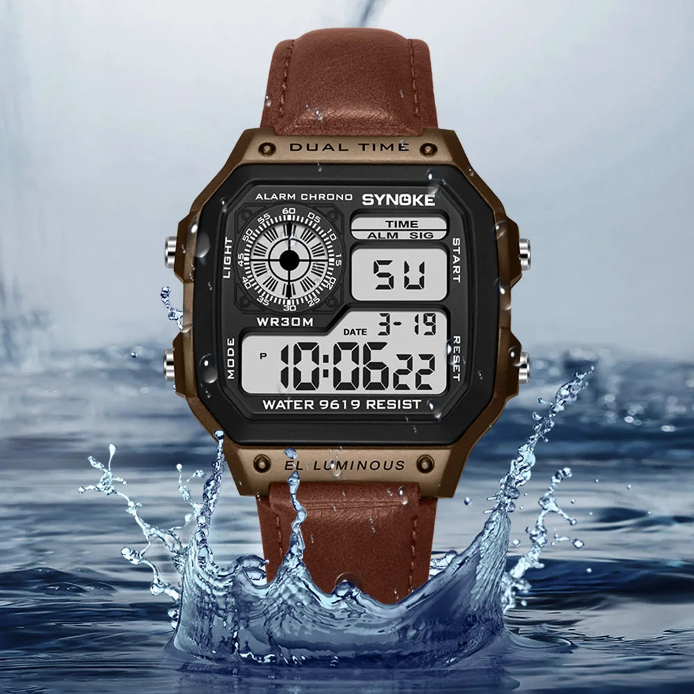 Montre SYNOKE Homme — Waterproof, LED & Cuir Vintage, Outdoor