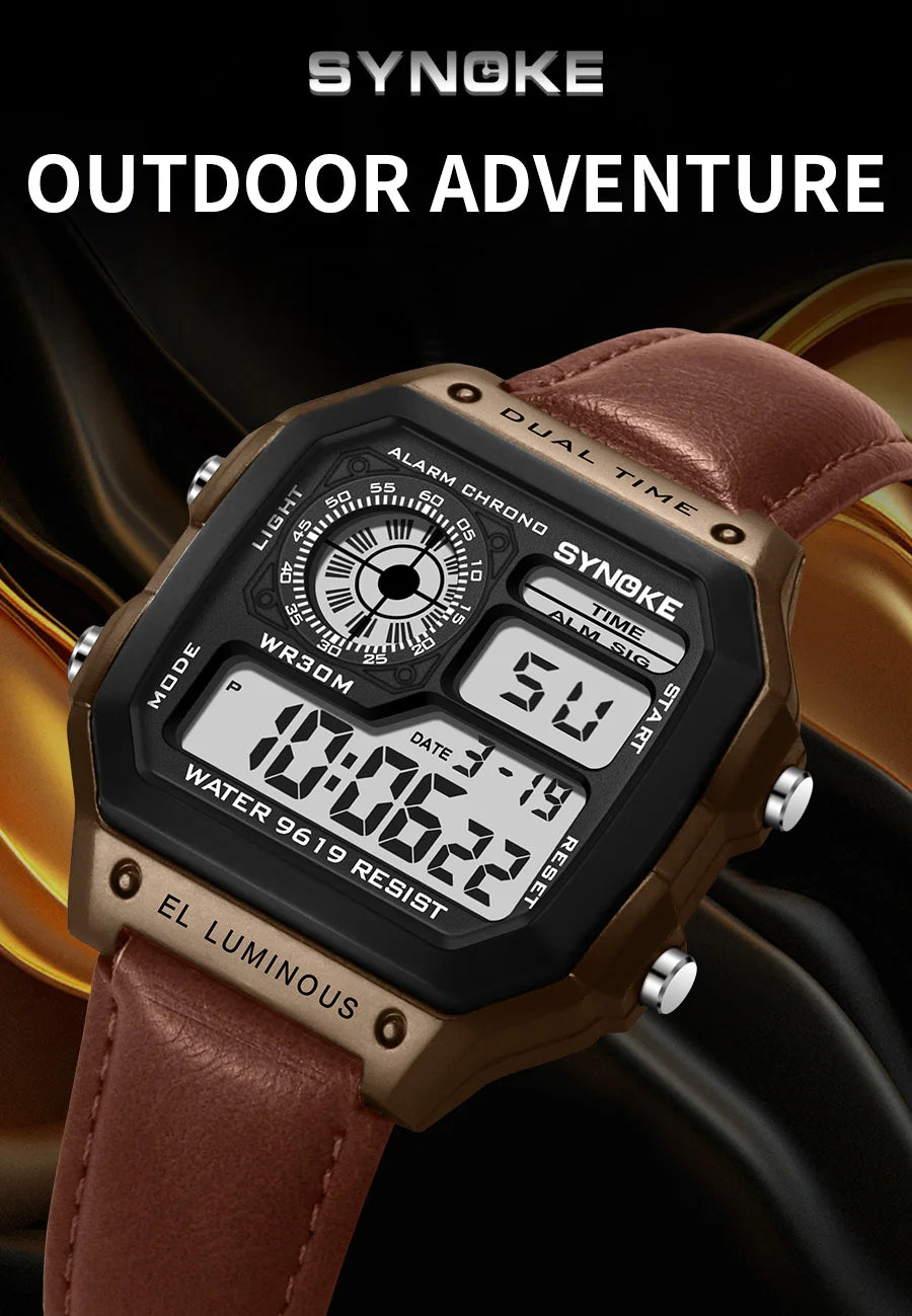 Montre SYNOKE Homme — Waterproof, LED & Cuir Vintage, Outdoor