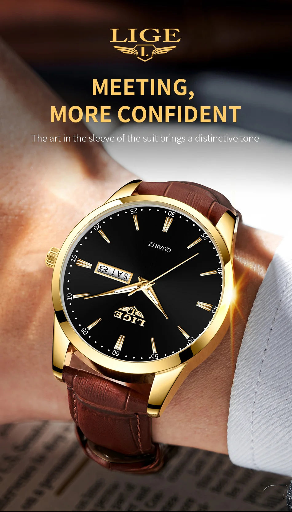 Montre Homme LIGE Or & Noir — Cuir Lumineux, Étanche & Calendrier Complet