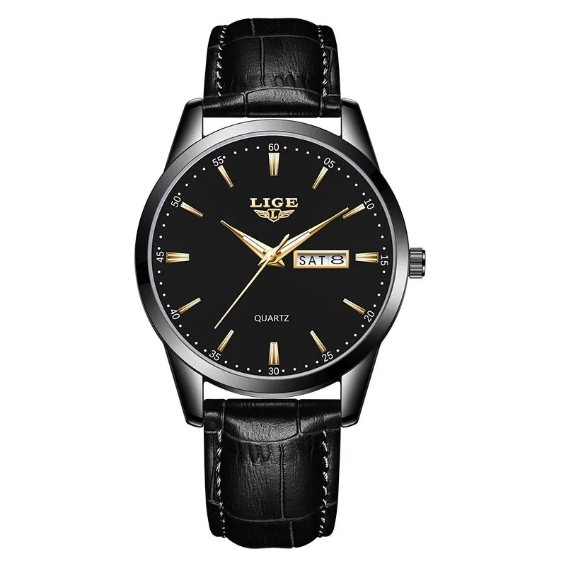 Montre Homme LIGE Or & Noir — Cuir Lumineux, Étanche & Calendrier Complet