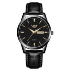 Montre Homme LIGE Or & Noir — Cuir Lumineux, Étanche & Calendrier Complet
