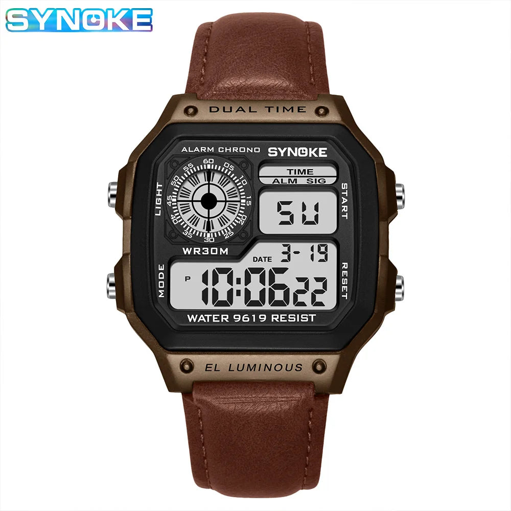 Montre SYNOKE Homme — Waterproof, LED & Cuir Vintage, Outdoor