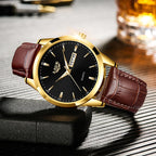 Montre Homme LIGE Or & Noir — Cuir Lumineux, Étanche & Calendrier Complet