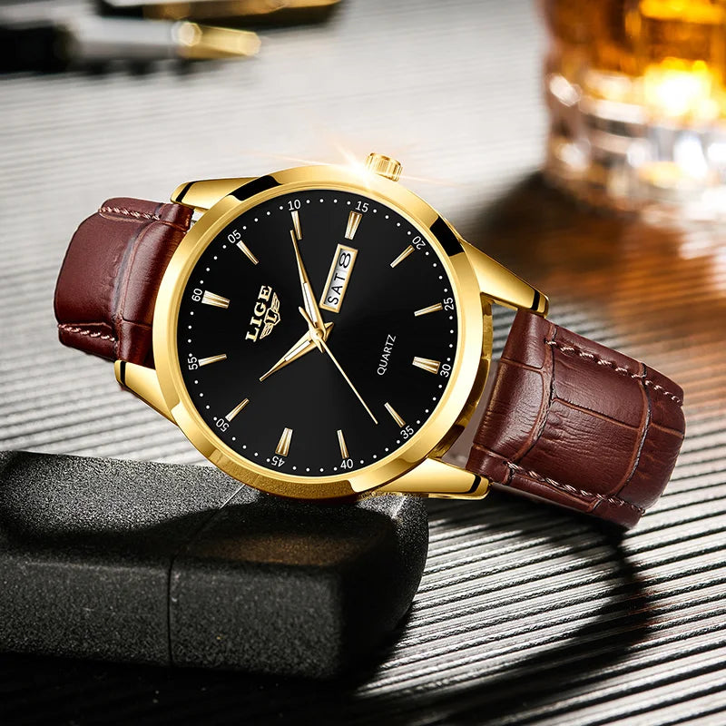 Montre Homme LIGE Or & Noir — Cuir Lumineux, Étanche & Calendrier Complet