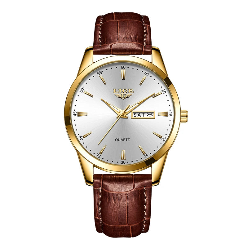 Montre Homme LIGE Or & Noir — Cuir Lumineux, Étanche & Calendrier Complet