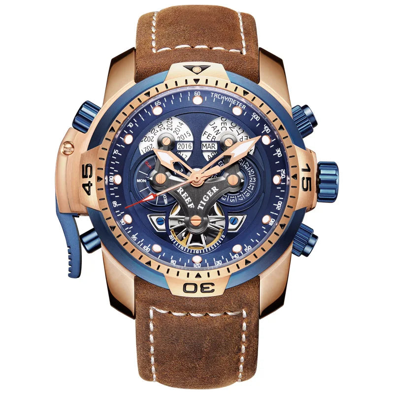 Montre Automatique Reef Tiger/RT Homme — Luxe Militaire Bleue Acier Waterproof