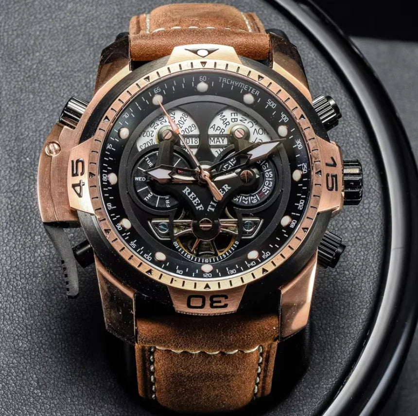 Montre Automatique Reef Tiger/RT Homme — Luxe Militaire Bleue Acier Waterproof