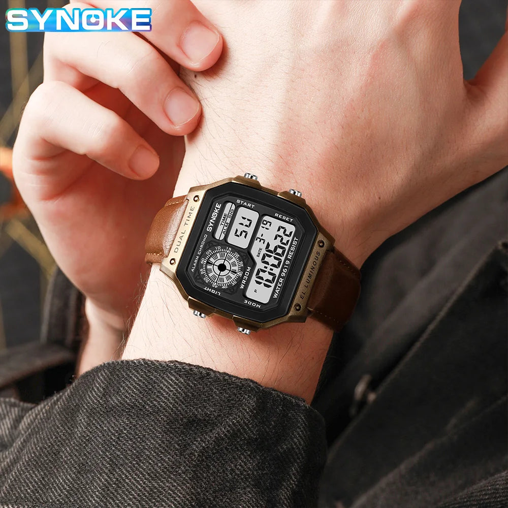 Montre SYNOKE Homme — Waterproof, LED & Cuir Vintage, Outdoor