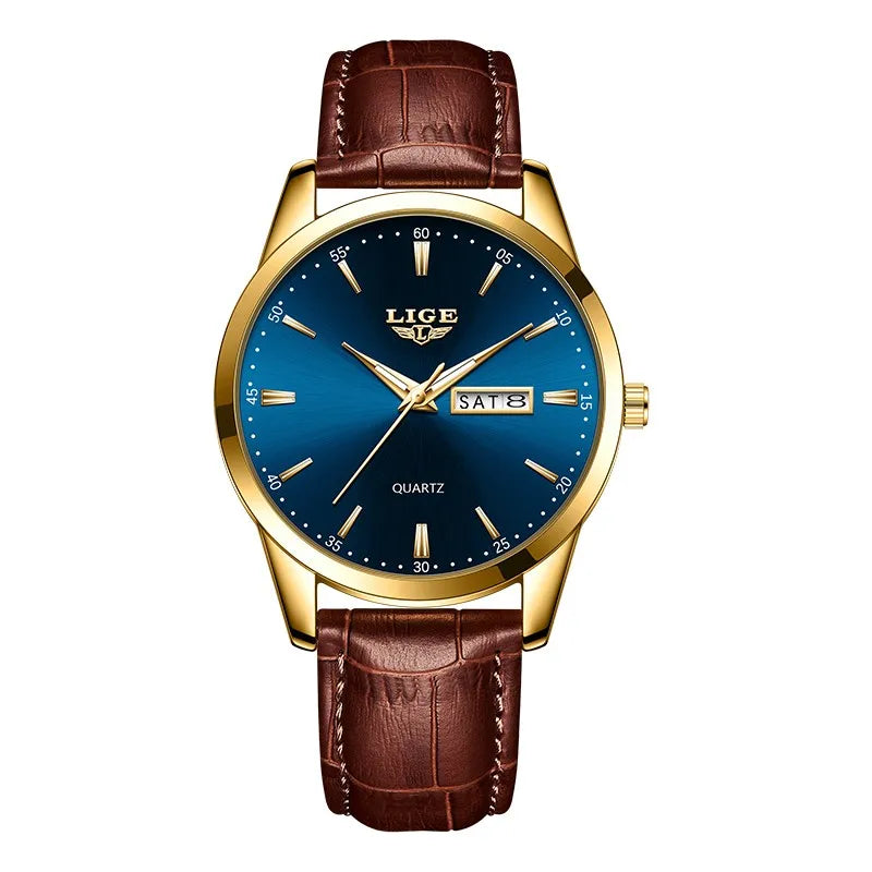 Montre Homme LIGE Or & Noir — Cuir Lumineux, Étanche & Calendrier Complet