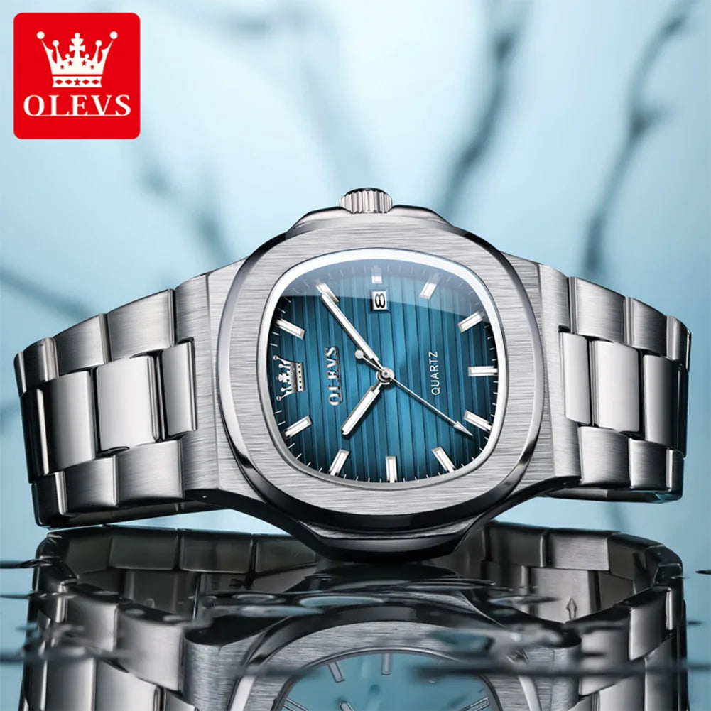 Montre OLEVS 3696 Homme — Carrée Luxe, Quartz & Acier Inoxydable Waterproof