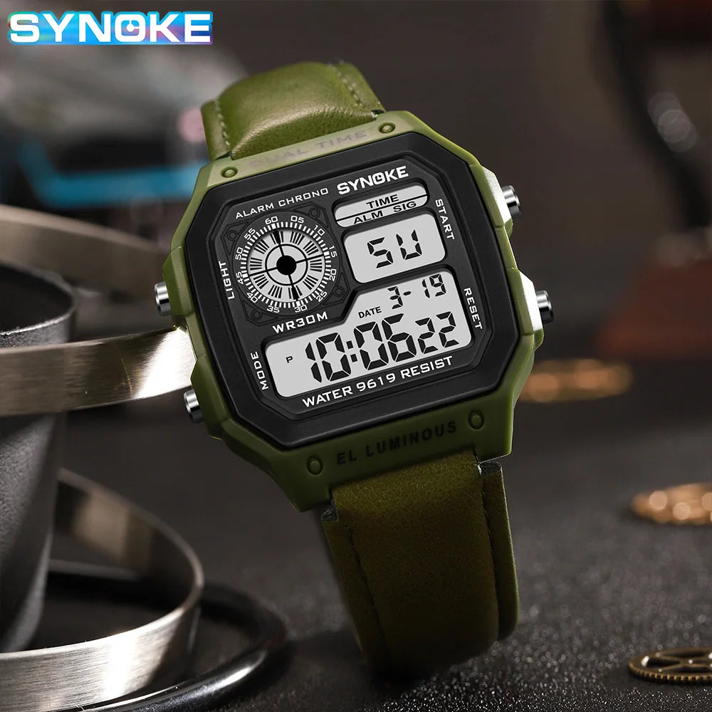 Montre SYNOKE Homme — Waterproof, LED & Cuir Vintage, Outdoor