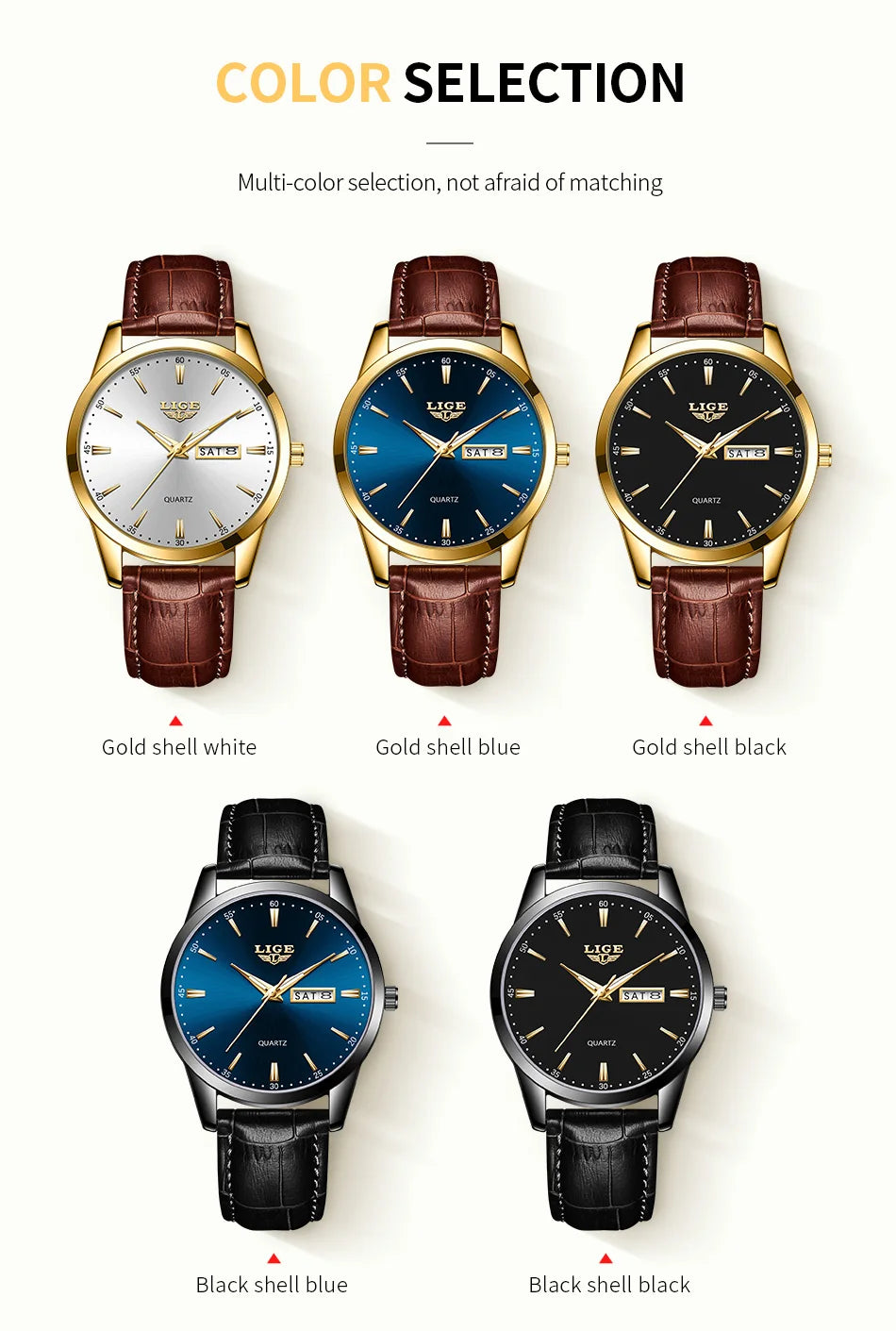 Montre Homme LIGE Or & Noir — Cuir Lumineux, Étanche & Calendrier Complet